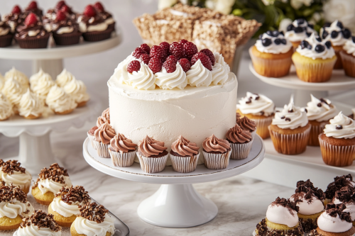 Beautiful cupcakes and enticing cake in bakery display