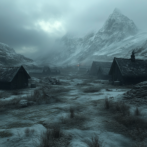 Beautiful dark fantasy tundra with small huts, pagan vibes.