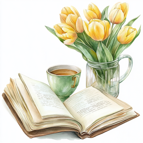 Beautiful diary book, tea, tulips watercolor clipart. Beautiful diary book, tea, tulips watercolor clipart.
