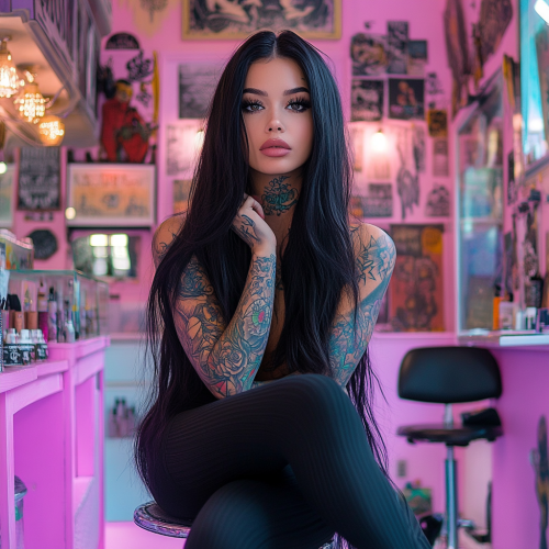 Beautiful girl with tattoos in tattoo shop