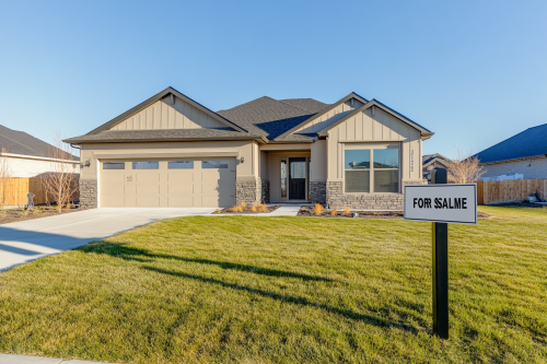 Beautiful home for sale with sign in yard