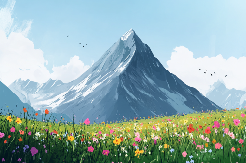 Beautiful mountain and flower field in children's book.