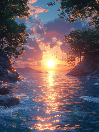 Beautiful nature view with water, blue sky, and sun