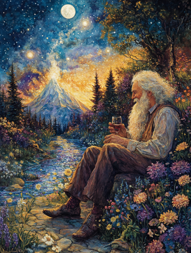 Beautiful painting night sky stars moonlight sea flowers.