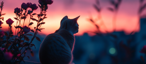 Beautiful romantic scene: Cat on rooftop at night