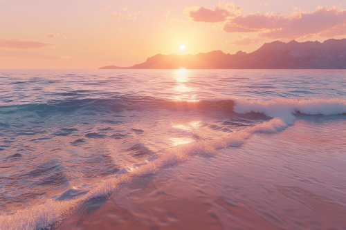 Beautiful sunset on calm ocean shore with vibrant sky.