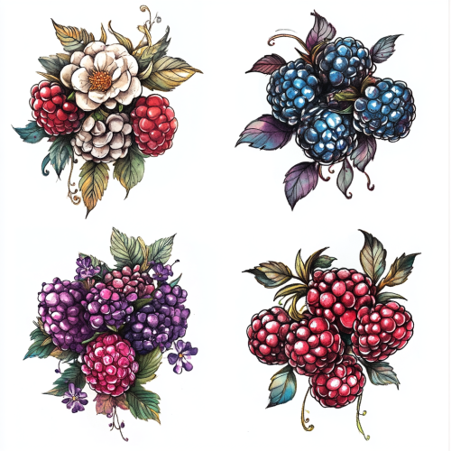 Beautiful tattoo of raspberry flower in different colors