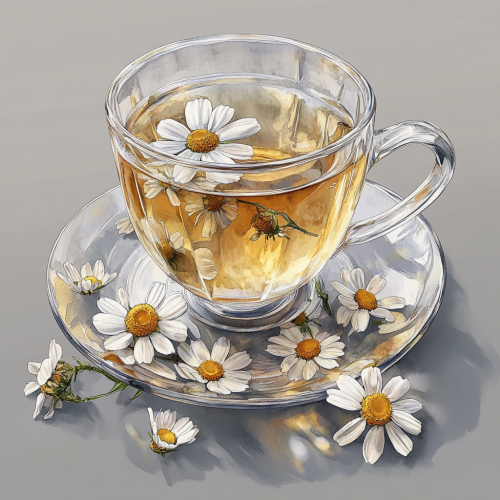 Beautiful watercolor illustration of chamomile tea in glass
