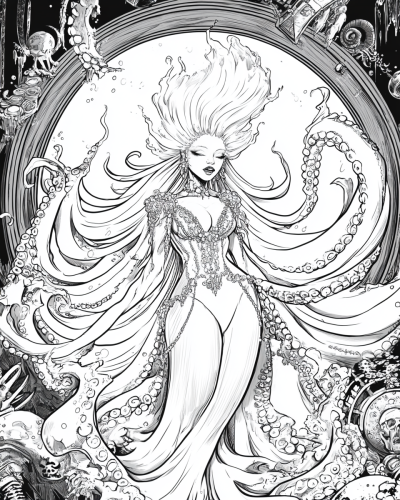Beautiful white Sea Witch with octopus body, human arms.