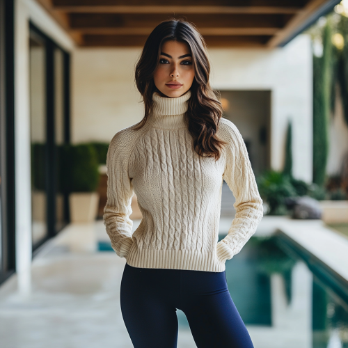 Beautiful woman in cream sweater stands by pool.