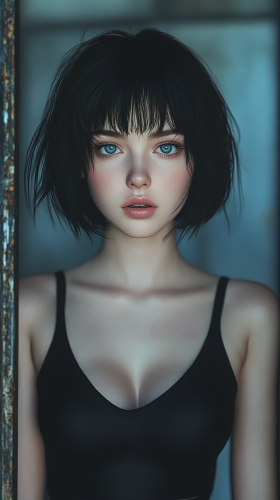 Beautiful woman with short black hair and blue eyes.