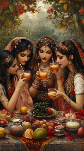 Beautiful women drinking soursop juice in ancient Persian painting. Beautiful women drinking soursop juice in ancient Persian painting.