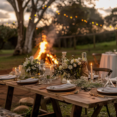 Beautifully set dining table near bonfire with flowers
