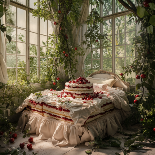 Bed designed like a giant cake with cherry trees.