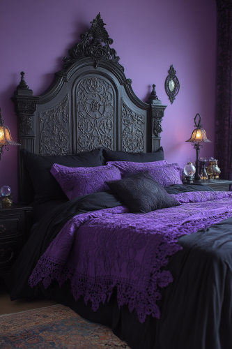 Bedroom with deep purples, gothic arch bed, crystal balls.