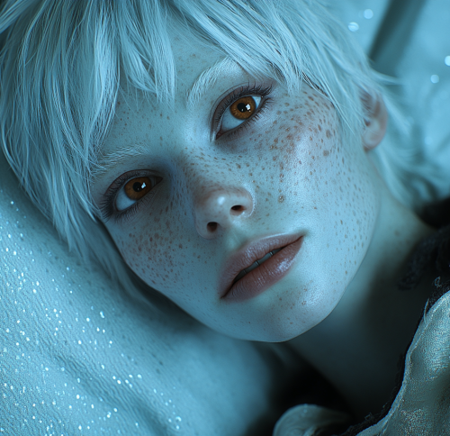 Bedtime Portrait of Blue Alien with White Hair