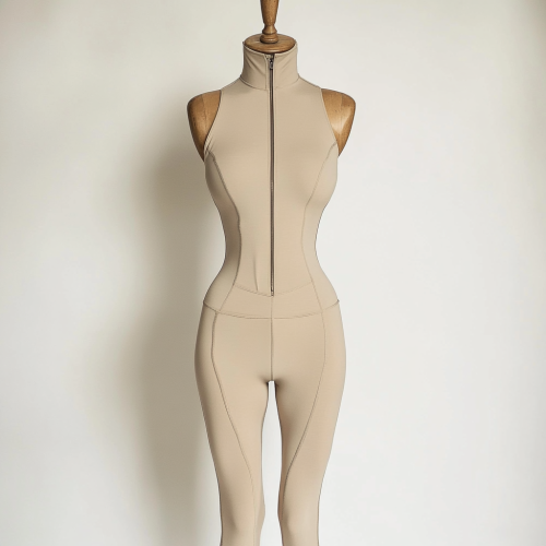 Beige jumpsuit with zipper on mannequin