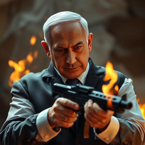 Benjamin Netanyahu holding gun near fiery background.