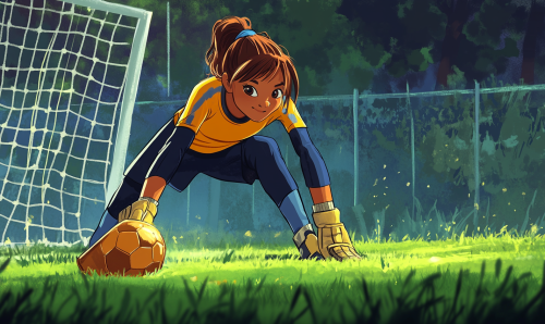 Bi-Racial Girl Guarding Soccer Goal Cartoon Art