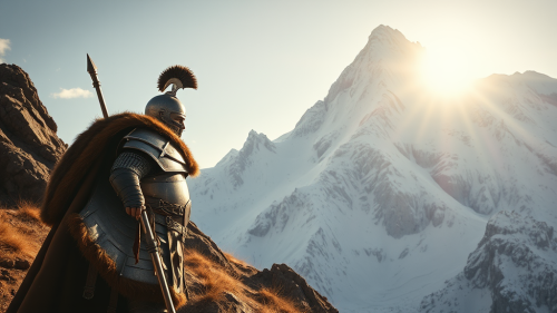 Bible Warrior Facing Icy Mountain: High Angle View