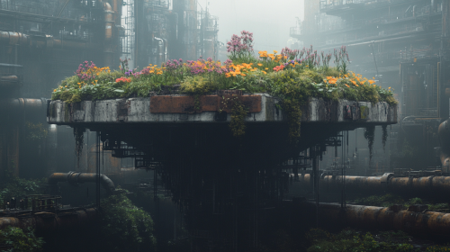 Big platform with flowers in dark cyborg complex