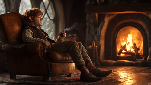 Bilbo Baggins relaxing by fireplace in hyper-realistic 8k