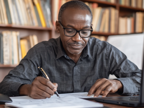 Black African Art Expert Reporting Authenticity Case in Office