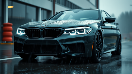 Black BMW M5 Competition Revving in Rain