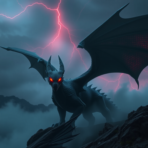 Black Dragon with Red Glowing Eyes in Stormy Sky Black Dragon with Red Glowing Eyes in Stormy Sky