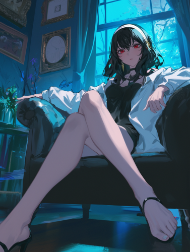 Black-Haired Anime Girl Sitting on Sofa Shiny Skin