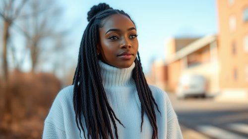Black Model in White Crew Neck Sweater Outdoors