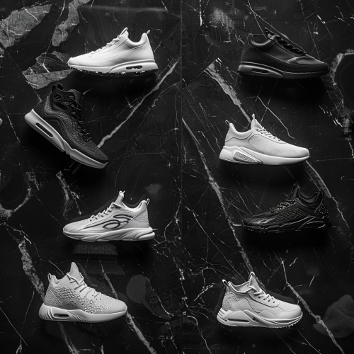 Black and white luxury athletic shoes on marble wall.