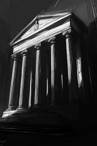 Black and white sketch of neoclassical building behind Bavaria statue in Munich
