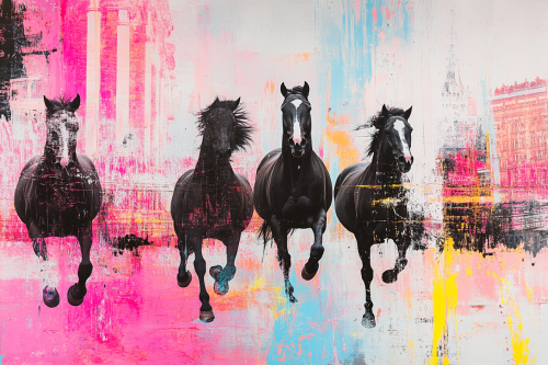 Black horses galloping in detailed background, forward movement