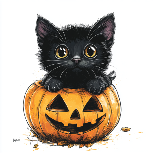 Black kitten inside jack-o-lantern on white background cartoon.
