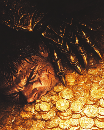 Black knight's clawed hand grips golden coins