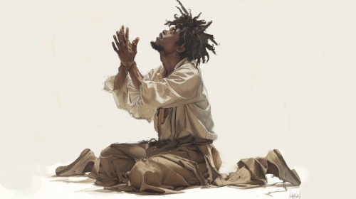 Black man in sketch, praying on knees, colorful background.