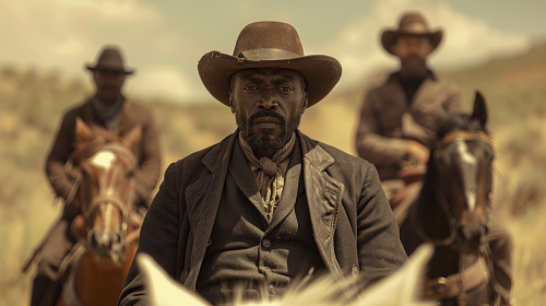 Black man leading two white men on horses.