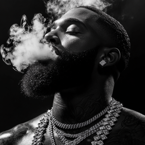 Black man with diamond chains exhales smoke, dramatic lighting.