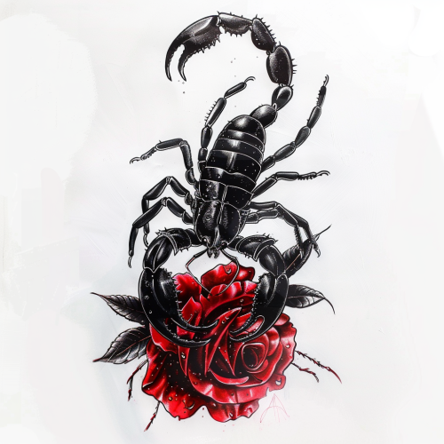 Black scorpion on red rose tattoo stencil