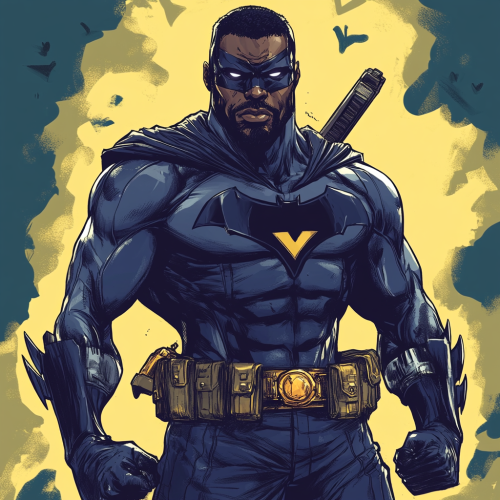 Black superhero in navy blue suit with weapons, comic style  Black superhero in navy blue suit with weapons, comic style