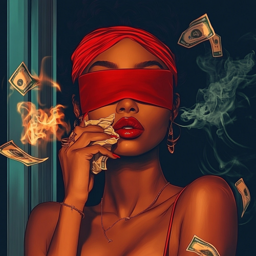 Black woman blindfolded smoking cannabis with money flying