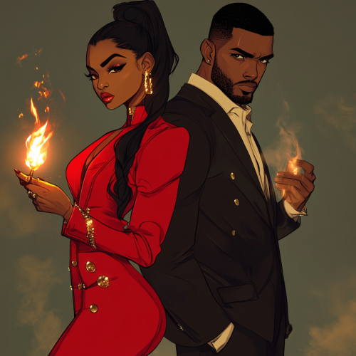 Black woman in red suit holds small fire flame.
