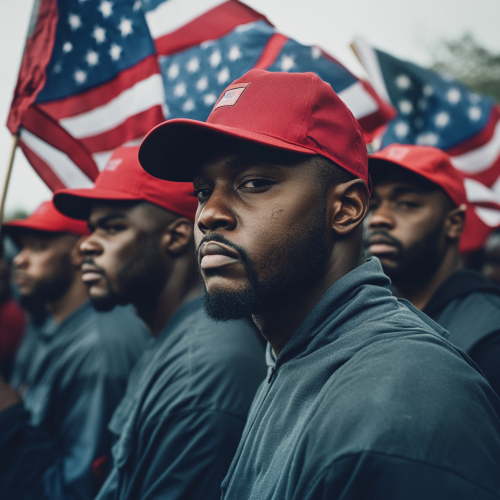 Black workers in US flag-themed hyperealistic photography 
