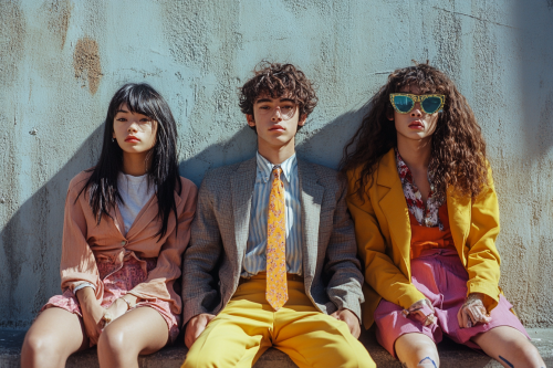 Blazer, concrete wall, 4 nerdy teenagers, industrial space.