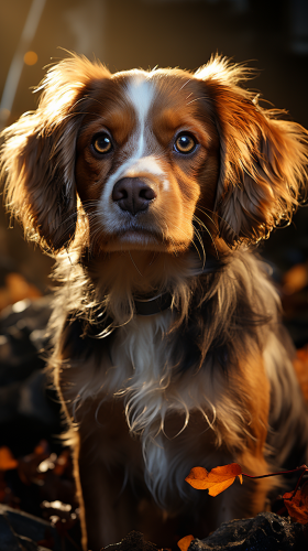 Blenheim Cavalier King Charles Spaniel puppy with dramatic lighting.