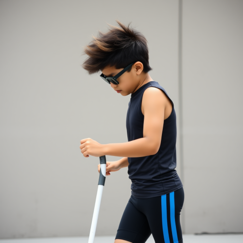 Blind Asian Boy Walking Confidently in Cyclist Attire