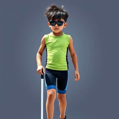 Blind Asian Boy in Sporty Outfit with White Cane