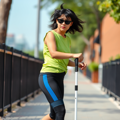 Blind Asian Girl in Sporty Outfit Walking Sidewalk