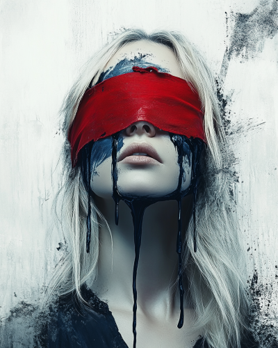 Blindfolded woman with dripping blue paint, surreal background